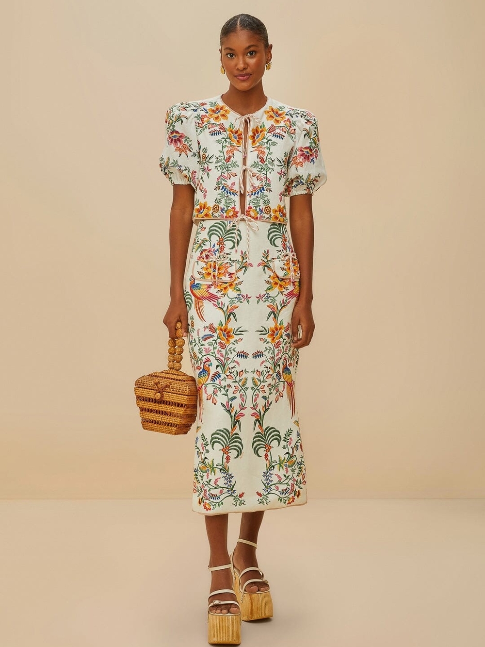 Farm Rio off-white delicate forest midi skirt